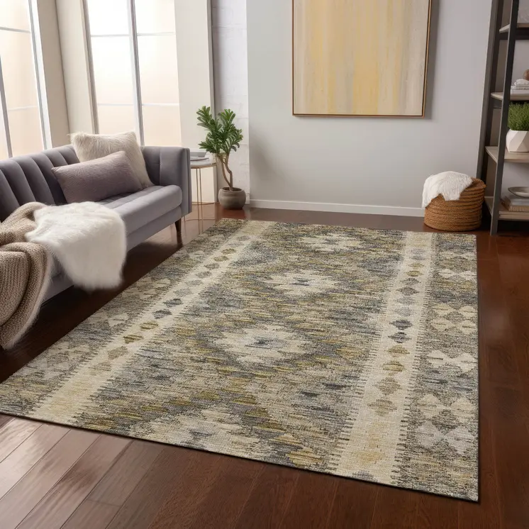 5' X 8' Beige Geometric Washable Indoor Outdoor Area Rug