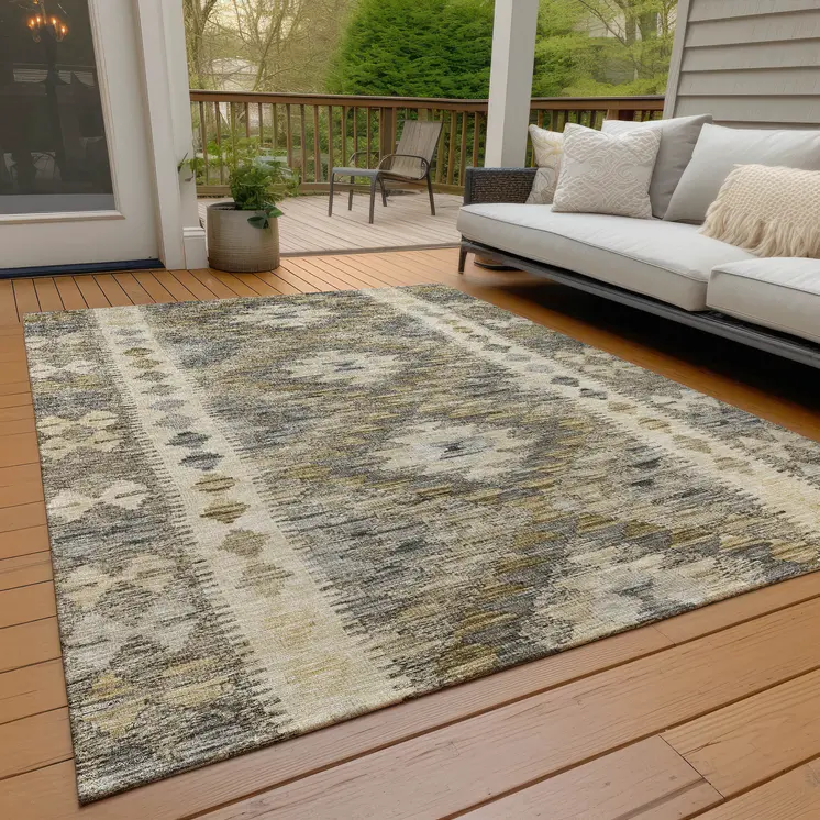 5' X 8' Beige Geometric Washable Indoor Outdoor Area Rug