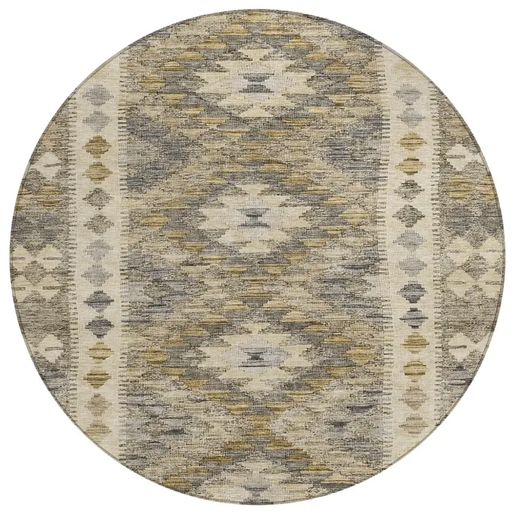 8' Beige Round Geometric Washable Indoor Outdoor Area Rug