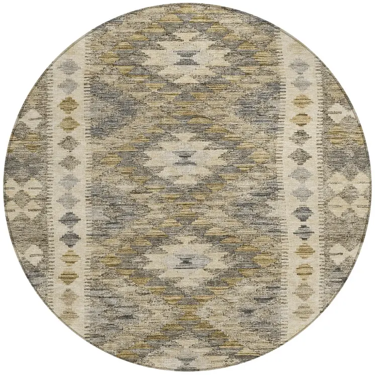 8' Beige Round Geometric Washable Indoor Outdoor Area Rug