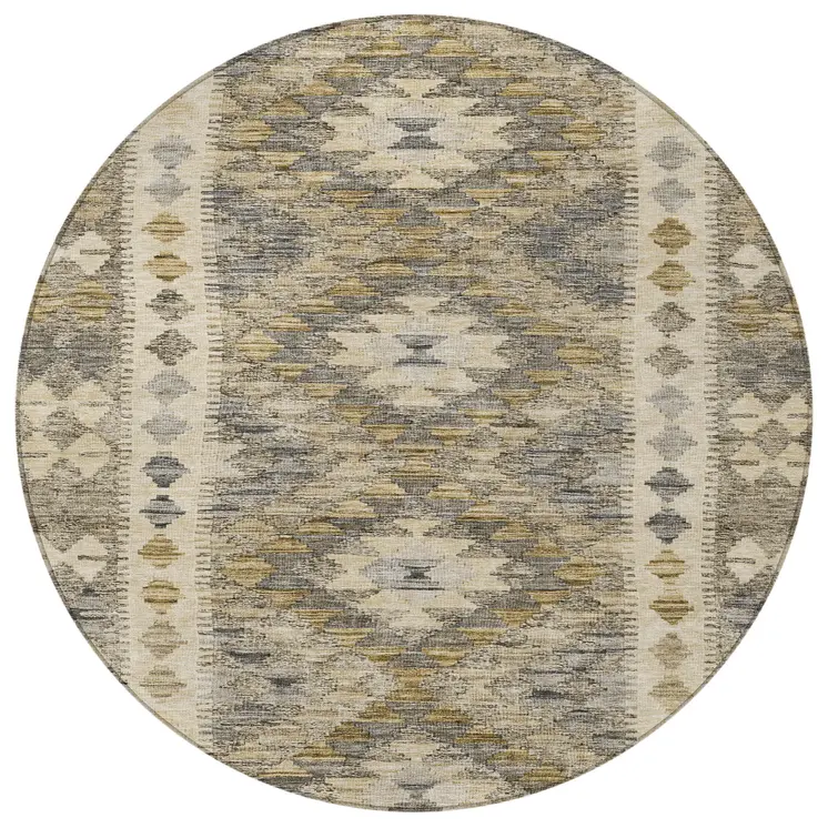 8' Beige Round Geometric Washable Indoor Outdoor Area Rug