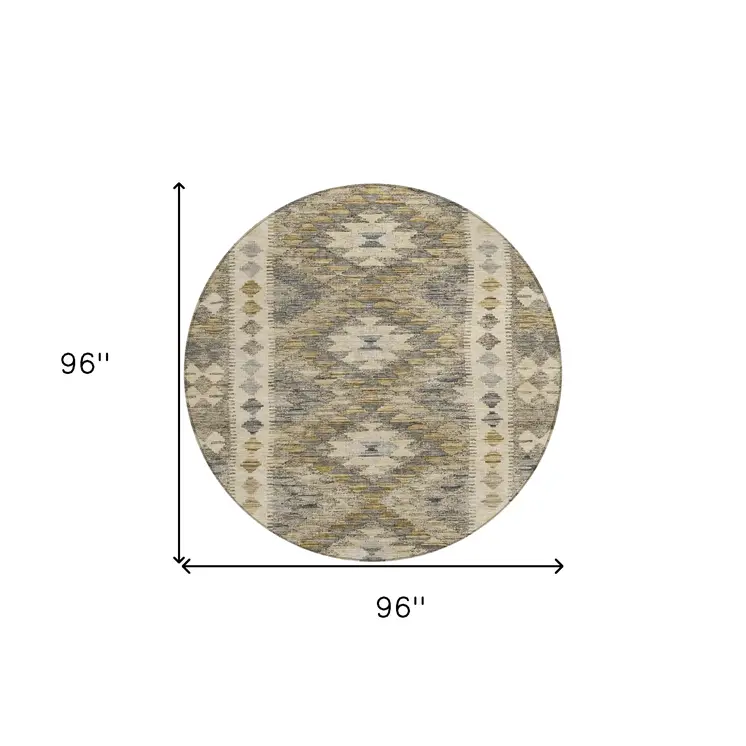 8' Beige Round Geometric Washable Indoor Outdoor Area Rug
