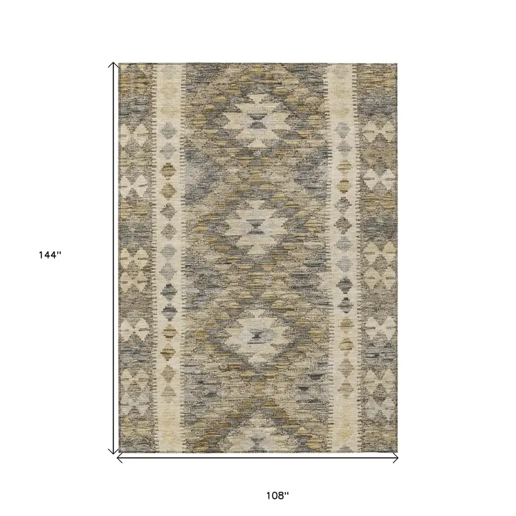 9' X 12' Beige Geometric Washable Indoor Outdoor Area Rug