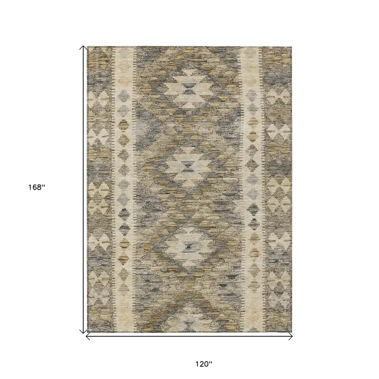 10' X 14' Beige Geometric Washable Indoor Outdoor Area Rug