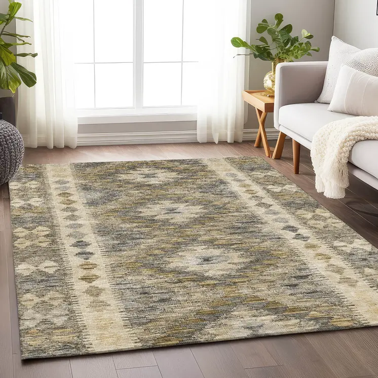 10' X 14' Beige Geometric Washable Indoor Outdoor Area Rug