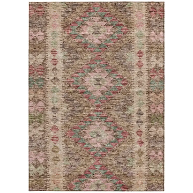 5' X 8' Brown Geometric Washable Indoor Outdoor Area Rug