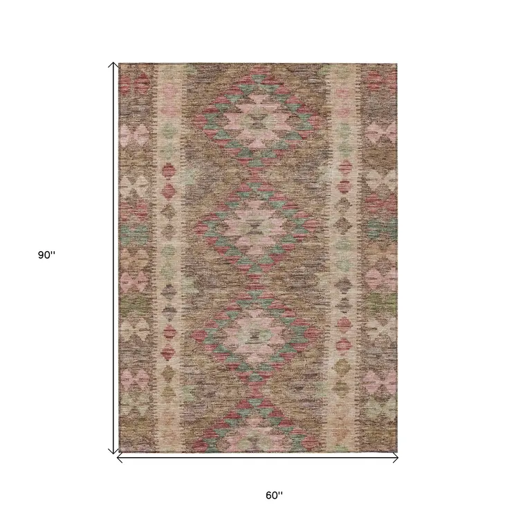 5' X 8' Brown Geometric Washable Indoor Outdoor Area Rug