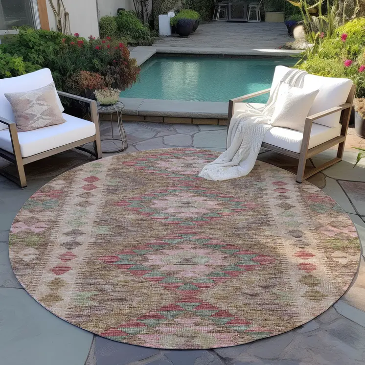 8' Brown Round Geometric Washable Indoor Outdoor Area Rug