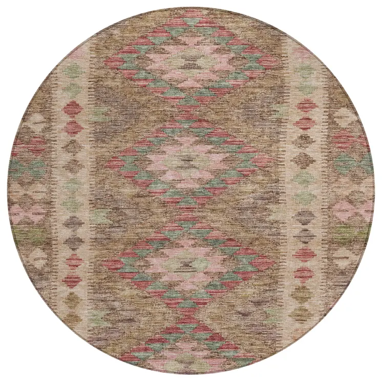 8' Brown Round Geometric Washable Indoor Outdoor Area Rug