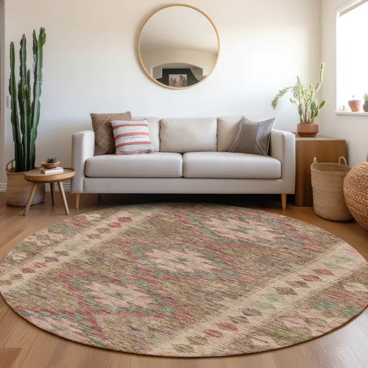 8' Brown Round Geometric Washable Indoor Outdoor Area Rug