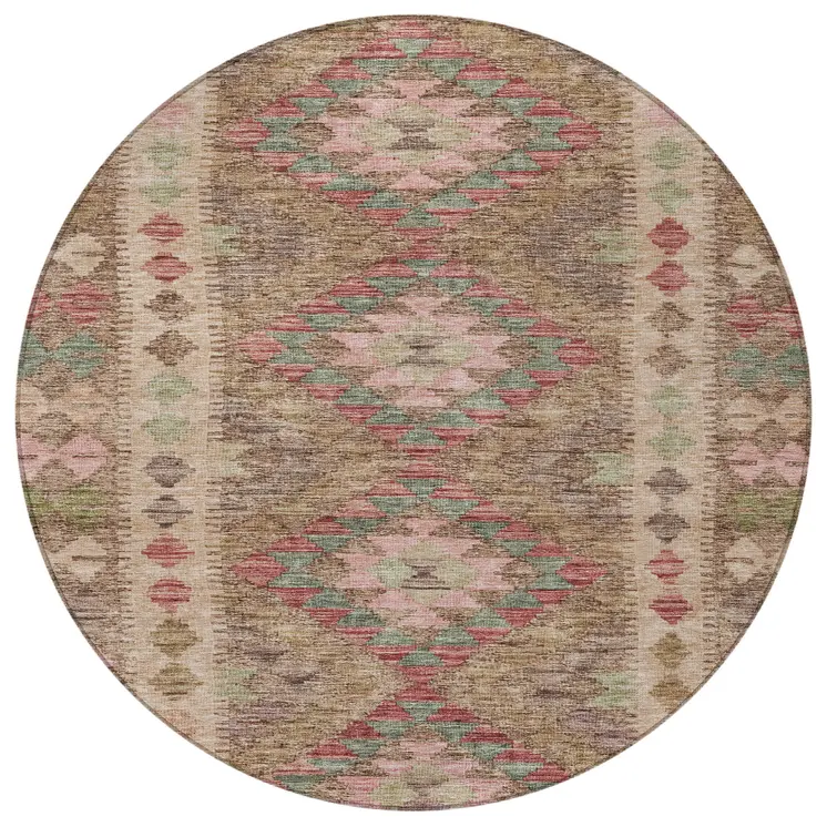 8' Brown Round Geometric Washable Indoor Outdoor Area Rug