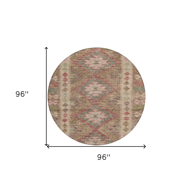 8' Brown Round Geometric Washable Indoor Outdoor Area Rug