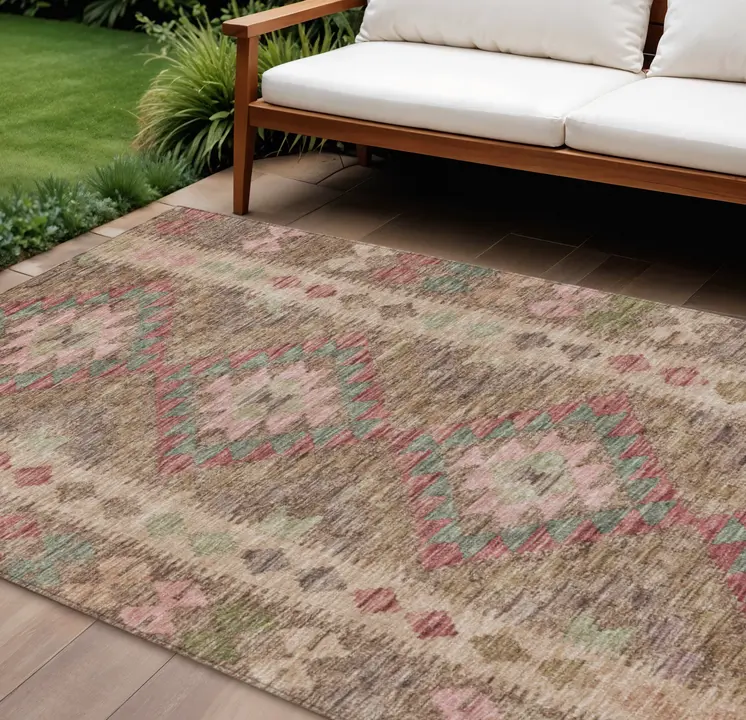 10' X 14' Brown Geometric Washable Indoor Outdoor Area Rug