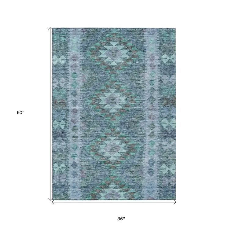 3' X 5' Blue Geometric Washable Indoor Outdoor Area Rug