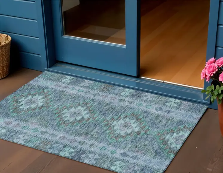 3' X 5' Blue Geometric Washable Indoor Outdoor Area Rug