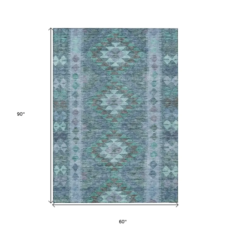 5' X 8' Blue Geometric Washable Indoor Outdoor Area Rug