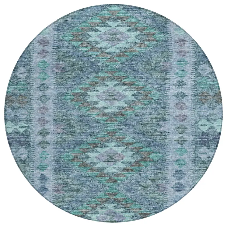 8' Blue Round Geometric Washable Indoor Outdoor Area Rug