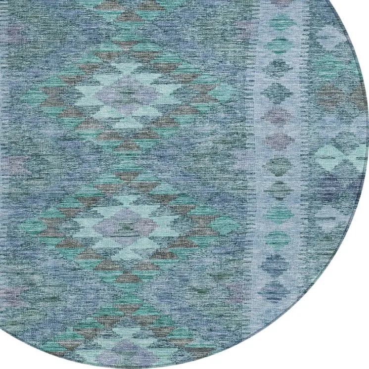 8' Blue Round Geometric Washable Indoor Outdoor Area Rug
