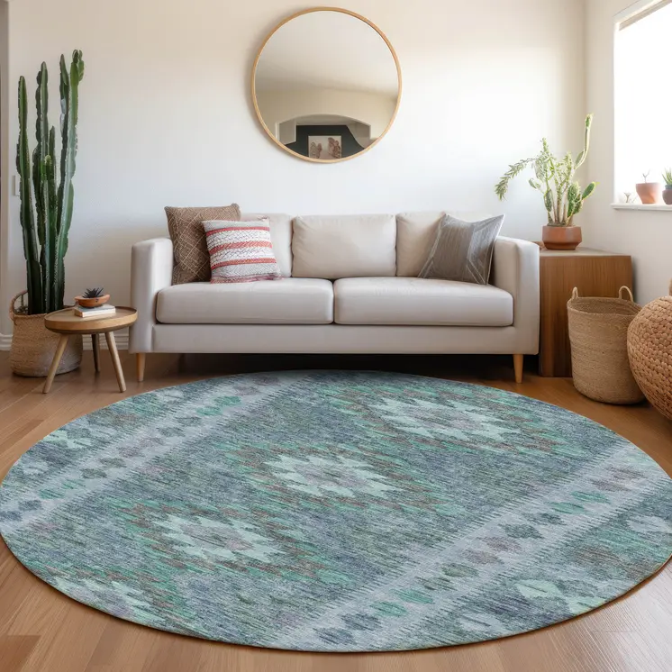 8' Blue Round Geometric Washable Indoor Outdoor Area Rug