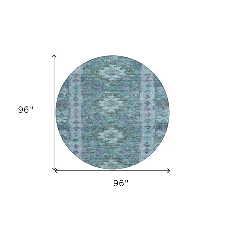 8' Blue Round Geometric Washable Indoor Outdoor Area Rug