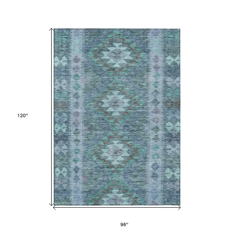 8' X 10' Blue Geometric Washable Indoor Outdoor Area Rug