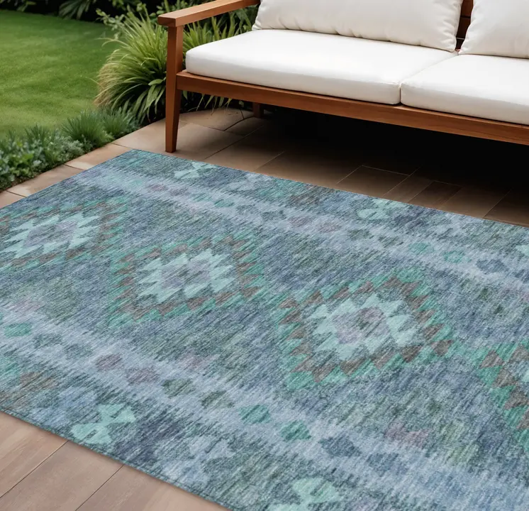 8' X 10' Blue Geometric Washable Indoor Outdoor Area Rug