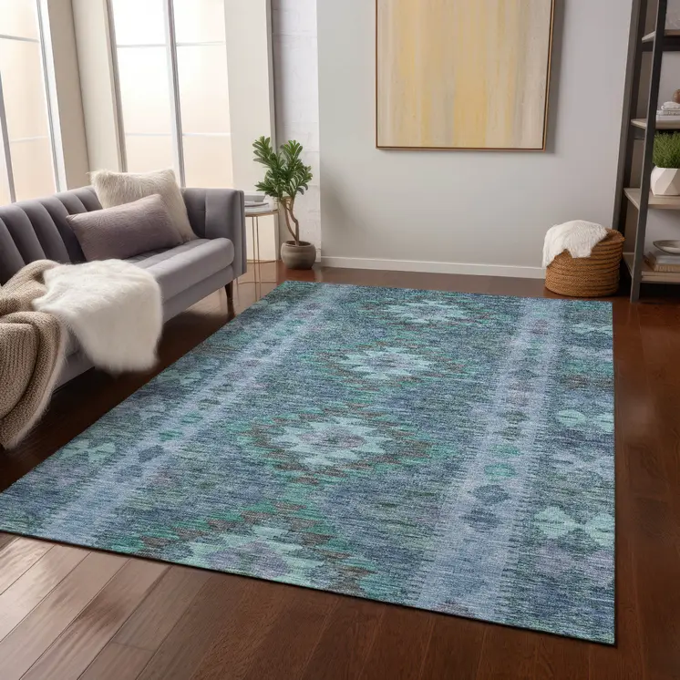 8' X 10' Blue Geometric Washable Indoor Outdoor Area Rug
