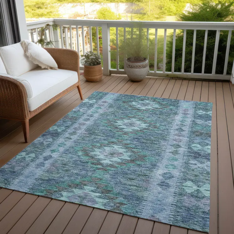 10' X 14' Blue Geometric Washable Indoor Outdoor Area Rug