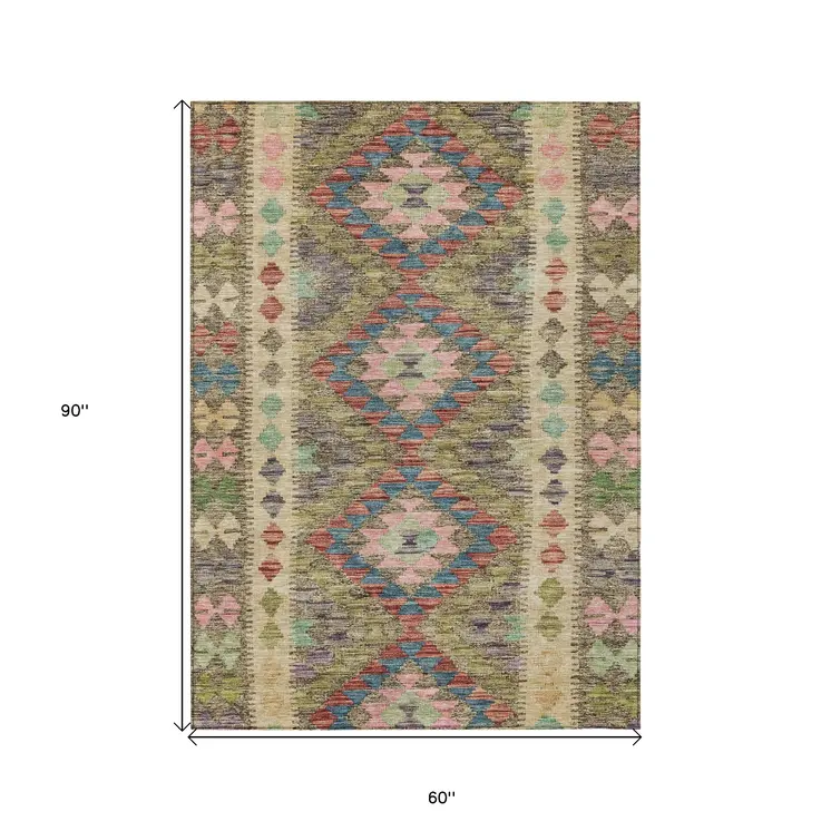 5' X 8' Green Geometric Washable Indoor Outdoor Area Rug