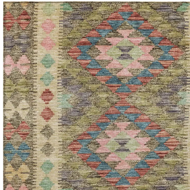 5' X 8' Green Geometric Washable Indoor Outdoor Area Rug