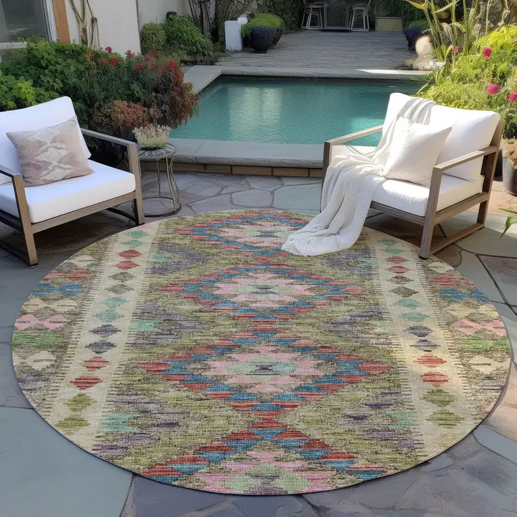 8' Green Round Geometric Washable Indoor Outdoor Area Rug