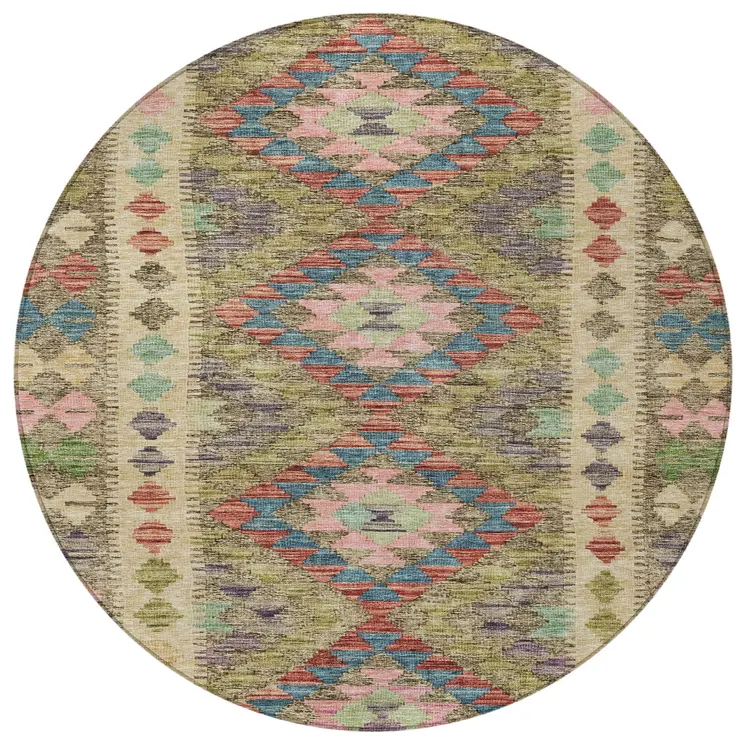 8' Green Round Geometric Washable Indoor Outdoor Area Rug