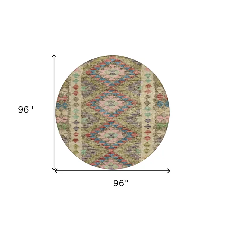 8' Green Round Geometric Washable Indoor Outdoor Area Rug