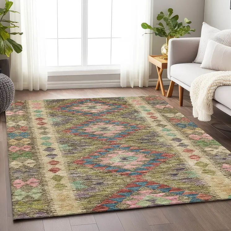 8' X 10' Green Geometric Washable Indoor Outdoor Area Rug