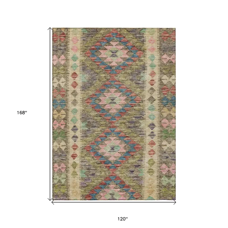 10' X 14' Green Geometric Washable Indoor Outdoor Area Rug