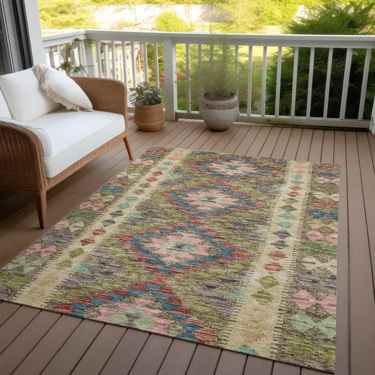 10' X 14' Green Geometric Washable Indoor Outdoor Area Rug