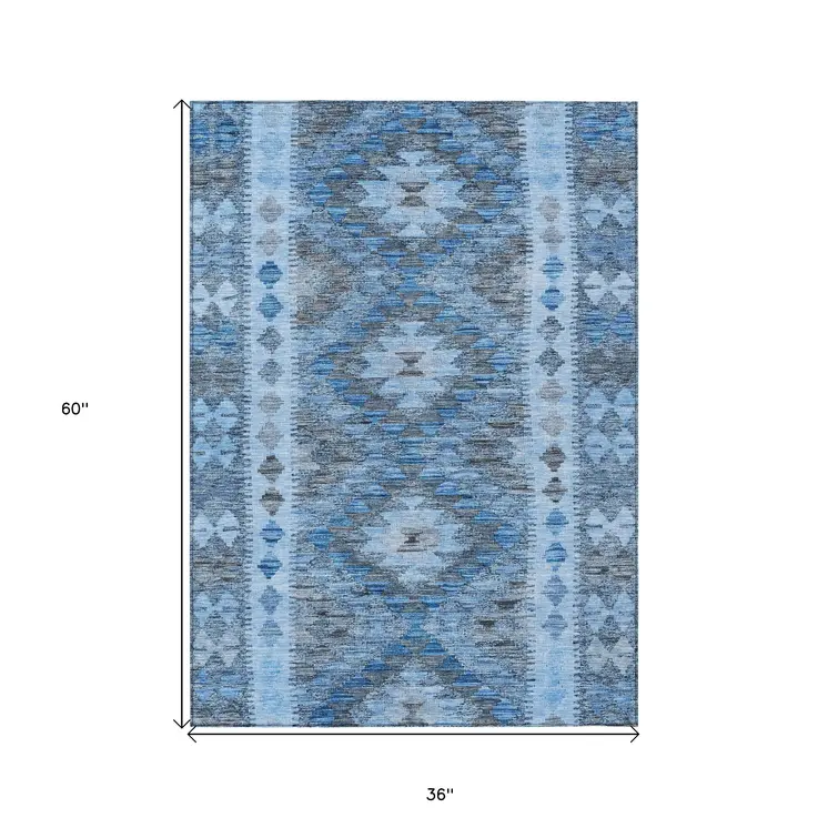 3' X 5' Navy Blue Geometric Washable Indoor Outdoor Area Rug