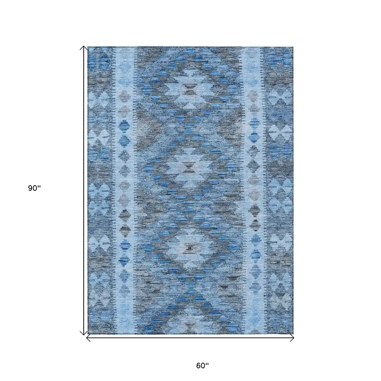 5' X 8' Navy Blue Geometric Washable Indoor Outdoor Area Rug