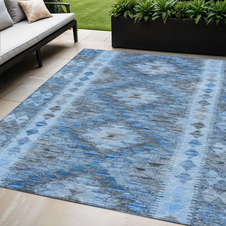 5' X 8' Navy Blue Geometric Washable Indoor Outdoor Area Rug