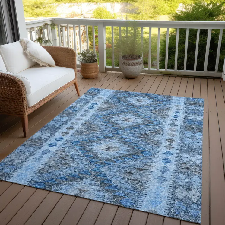 5' X 8' Navy Blue Geometric Washable Indoor Outdoor Area Rug