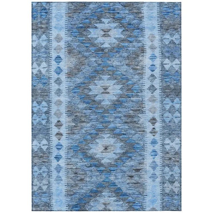 5' X 8' Navy Blue Geometric Washable Indoor Outdoor Area Rug