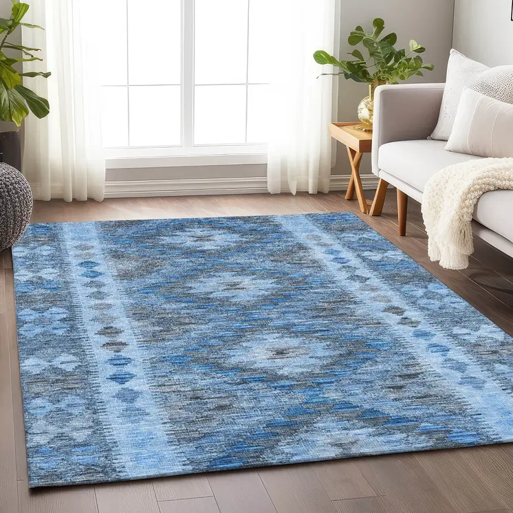 5' X 8' Navy Blue Geometric Washable Indoor Outdoor Area Rug