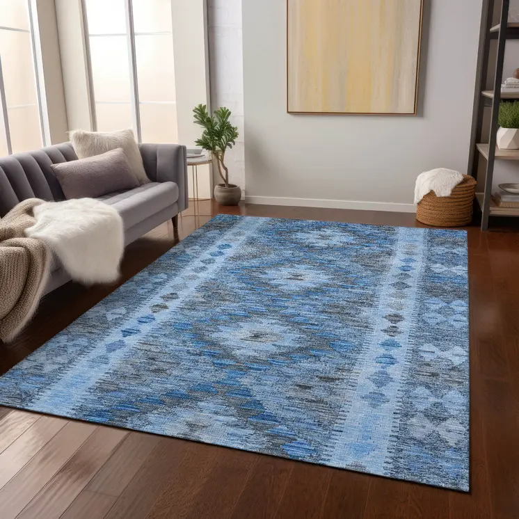 5' X 8' Navy Blue Geometric Washable Indoor Outdoor Area Rug