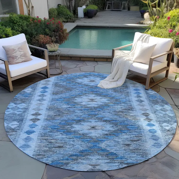 8' Navy Blue Round Geometric Washable Indoor Outdoor Area Rug