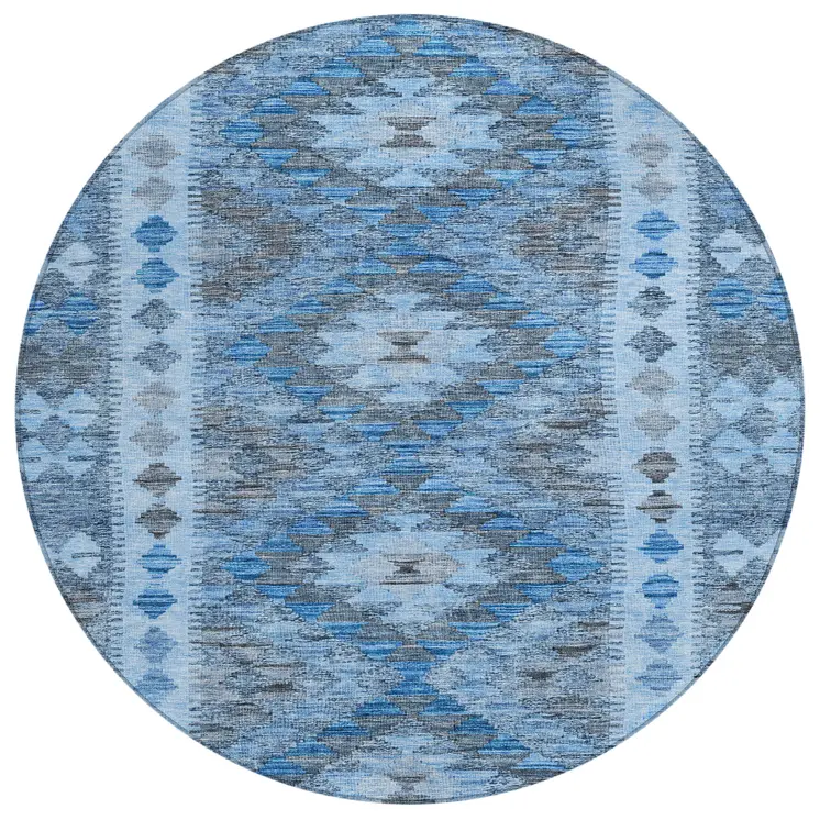8' Navy Blue Round Geometric Washable Indoor Outdoor Area Rug