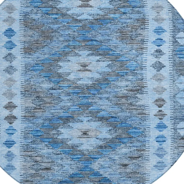 8' Navy Blue Round Geometric Washable Indoor Outdoor Area Rug