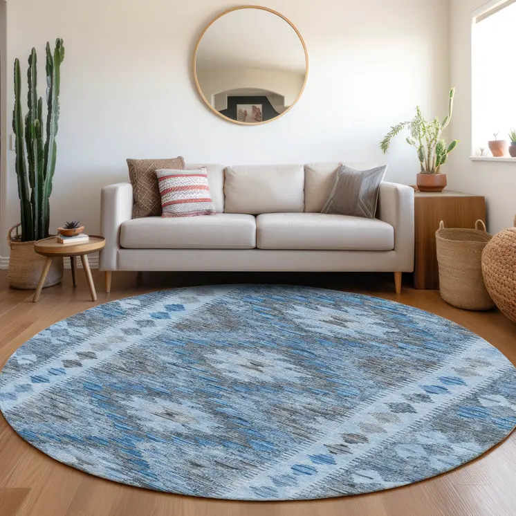 8' Navy Blue Round Geometric Washable Indoor Outdoor Area Rug