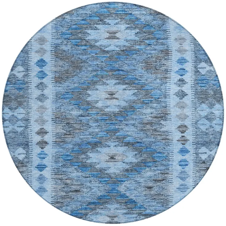 8' Navy Blue Round Geometric Washable Indoor Outdoor Area Rug