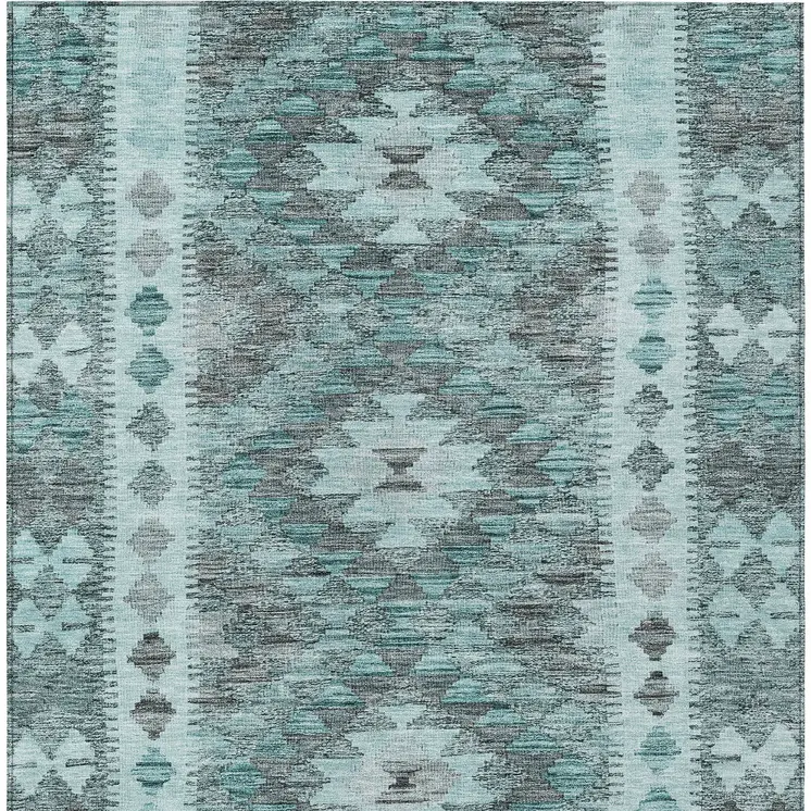 3' X 5' Teal Blue Geometric Washable Indoor Outdoor Area Rug