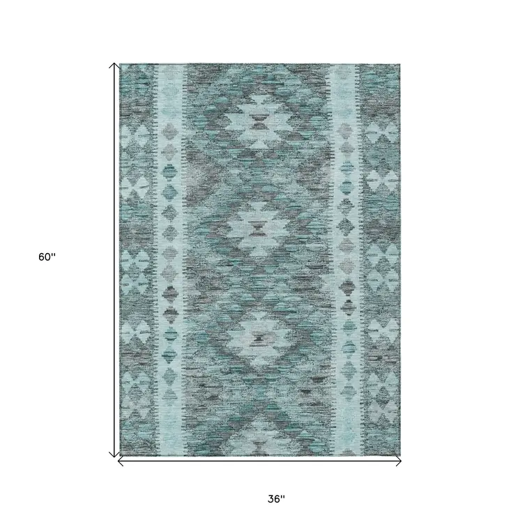 3' X 5' Teal Blue Geometric Washable Indoor Outdoor Area Rug